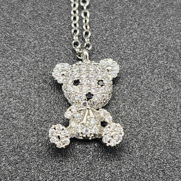 🩷 3/$15 Silver Teddy Bear Pendant Necklace With Black Accents And A B… - Picture 1 of 3